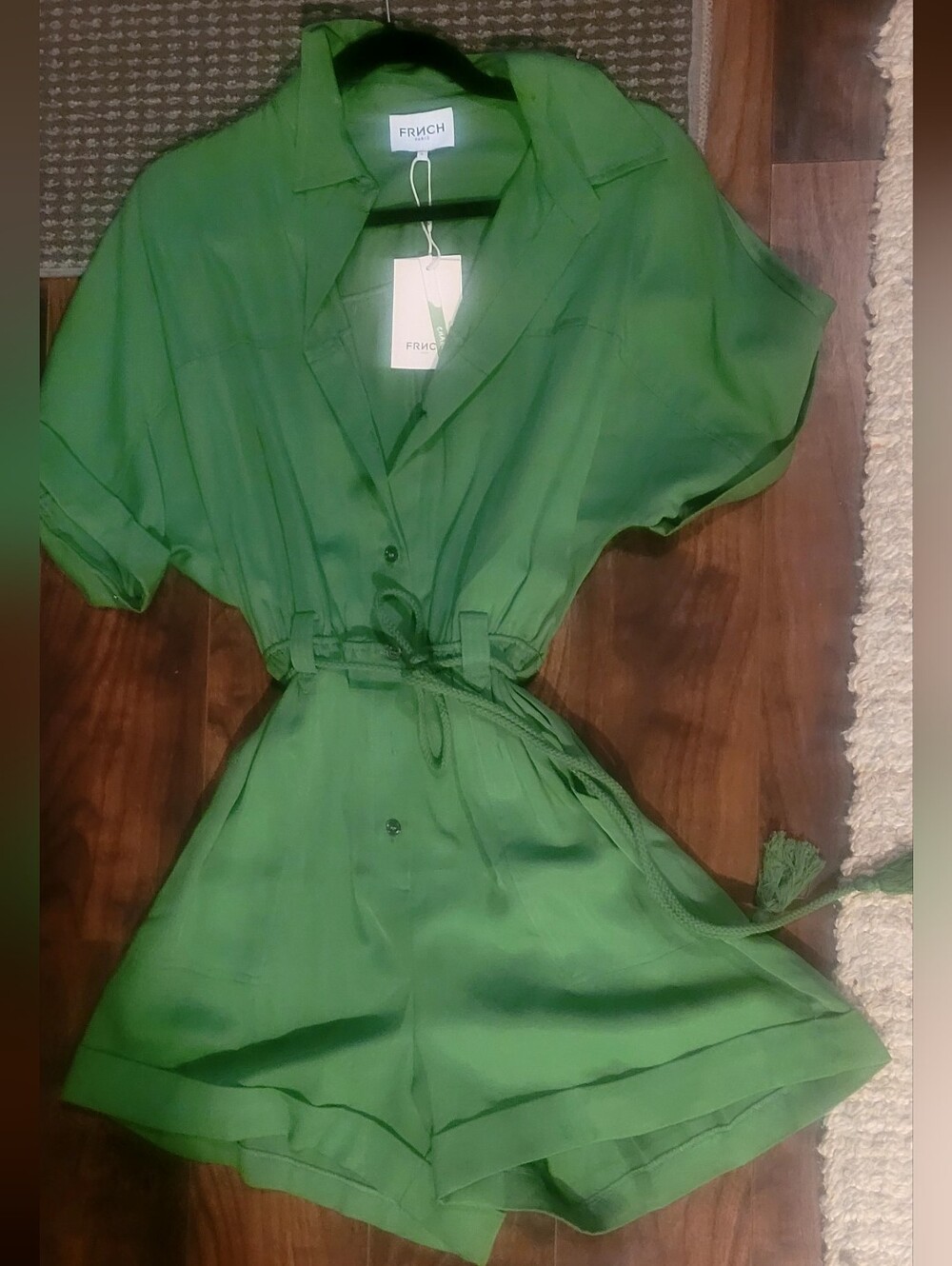 FRNCH Green Short-Sleeve Tie-Waist Romper - Picture 2 of 4